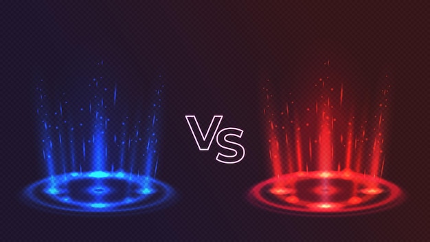 Podios de hologramas que brillan intensamente en rojo versus azul para la batalla del juego. Realista vs competencia con efecto de luz. Portales mágicos para el concepto de vector de lucha. Ilustración de versus holograma, juego de batalla.