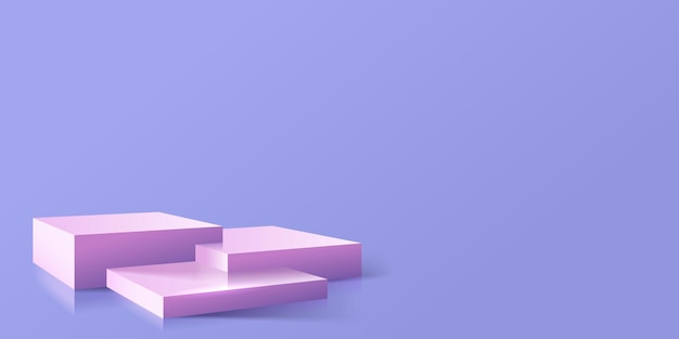 Podium 3D de tres paralelepípedos representados en perspectiva en tonos púrpuras