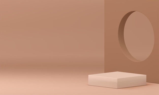 Podium beige 3d con marco cuadrado, círculo, agujero en la pared, fondo, ilustración vectorial realista