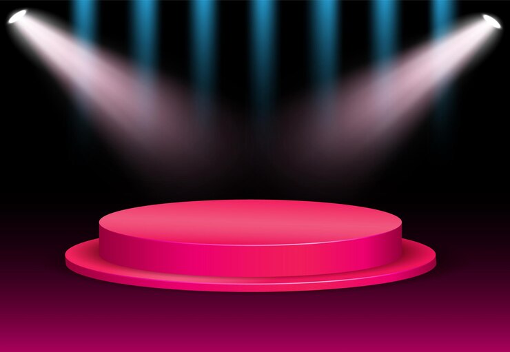 Vector podium cilíndrico con luces de neón azules en el fondo del anillo concepto de diseño para la exhibición de productos lay