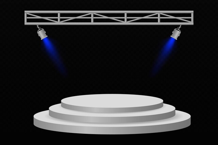 Vector podium circular 3d con dos espectaculares focos naranjas en un fondo oscuro perfecto para presentaciones, vitrinas o ceremonias de premiación