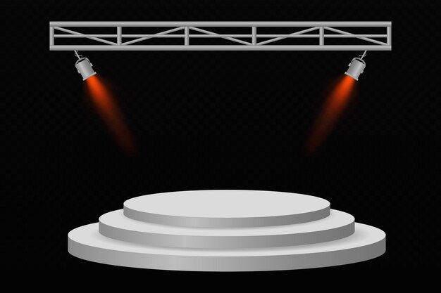 Podium circular 3D con dos espectaculares focos naranjas en un fondo oscuro perfecto para presentaciones, vitrinas o ceremonias de premiación