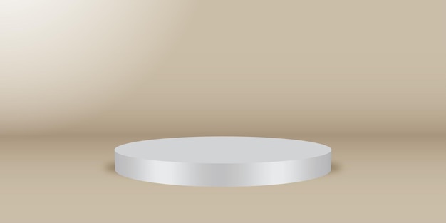 Podium de círculo blanco vacío en pedestal de fondo de estudio beige y plataforma de soporte redondo