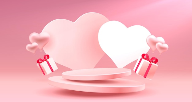 Podium con corazón y globos de feliz día de San Valentín tarjeta de felicitación de febrero vector