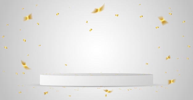 Podium de escenario blanco con confeti dorado y cinta de transmisión en el vector de fondo del estudio