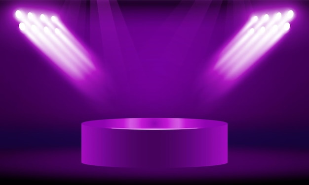 Podium del escenario con iluminación Escena del podium del escenario para la ceremonia de entrega de premios en púrpura claro Diseño vectorial de fondo