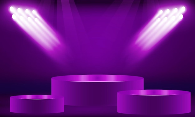 Podium del escenario con iluminación Escena del podium del escenario para la ceremonia de entrega de premios en púrpura claro Diseño vectorial de fondo