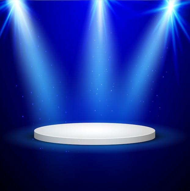 Podium de los ganadores de la ronda azul en el escenario de fondo azul con luces de estudio para la ceremonia de premiación