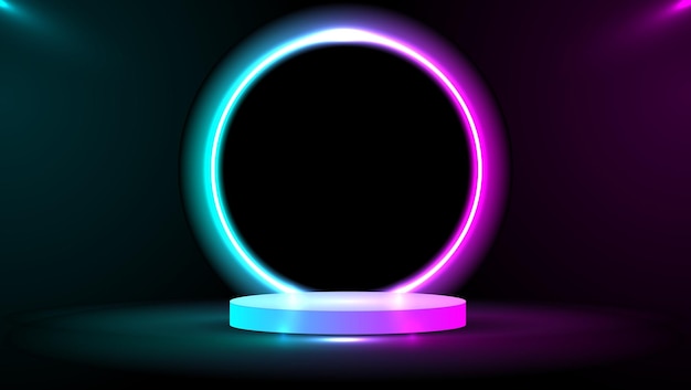 Podium o soporte con neón de gradiente de línea en escena abstracta de Scifi con marco vectorial de neón rosado y azul representación de producto visualización de diseño vectorial futurista de escena minimalista