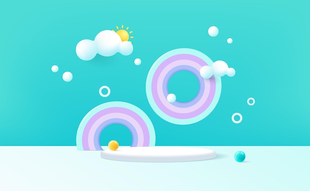 Podium de renderización 3d con nubes de fondo de color pastel y clima con espacio para niños o productos para bebés