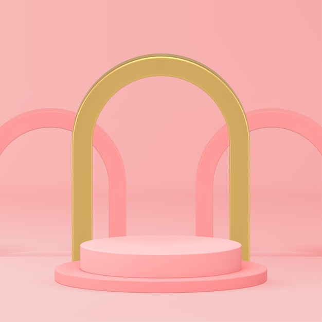 Podium rosa de lujo en 3D con fondo de pared de arco dorado para el espectáculo de productos vectorial realista