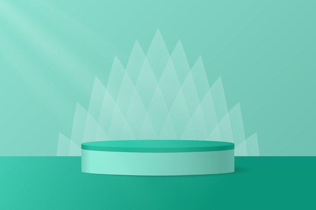 Podium verde azulado en un fondo geométrico con forma de cristal y rayos de luz