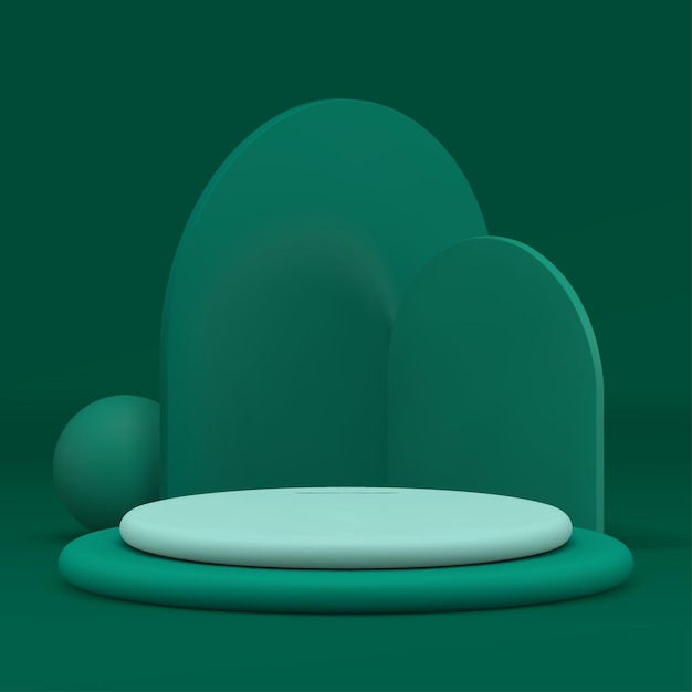 Podium verde de cilindro 3D con fondo de pared de semicírculo para mostrar una ilustración vectorial realista