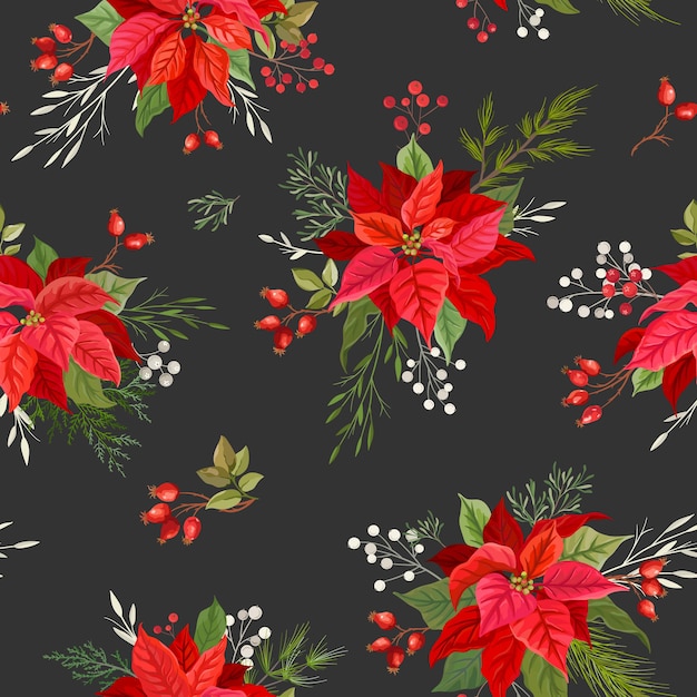 Poinsettia Navidad de patrones sin fisuras con muérdago de invierno, ramas de árbol Rowan con bayas, hojas de acebo. Ilustración de vector floral acuarela para papel de regalo, textil, impresión, papel tapiz