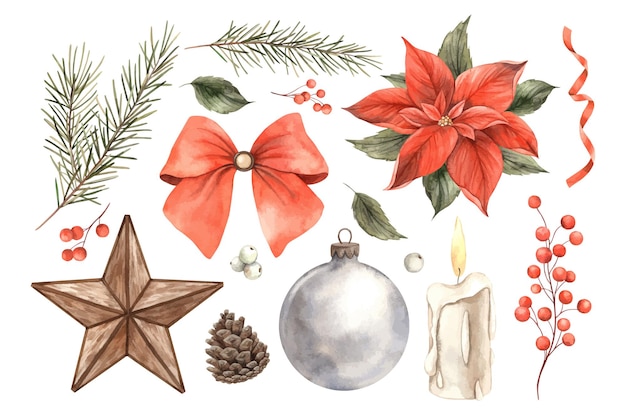 Poinsettia ramas de abeto arco rojo y cintas bayas y hojas verdes acuarela juego de vacaciones con abeto estrella de juguete y velas dibujo para Navidad y Año Nuevo vacaciones invitaciones tarjetas pancartas