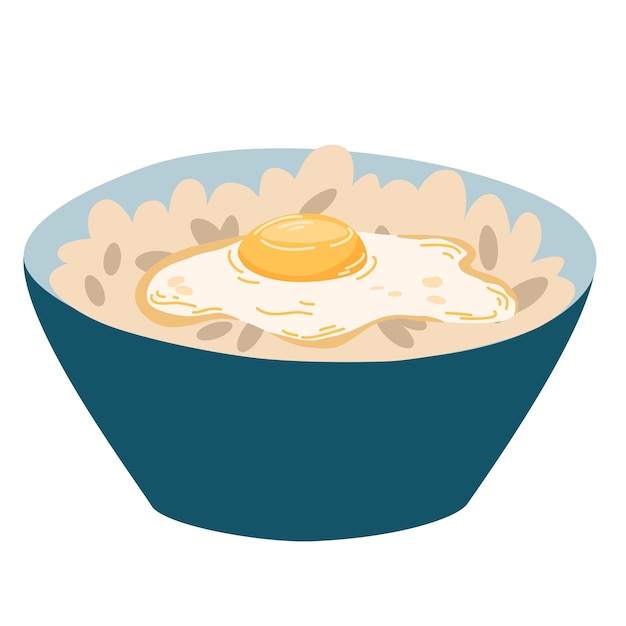 Poke bowl con arroz, verduras, huevo, carne, pescado, camarones y algas, comida asiática, perfecto para restaurante, cafetería y menús impresos. Ilustración de dibujos animados de dibujo a mano vectorial.