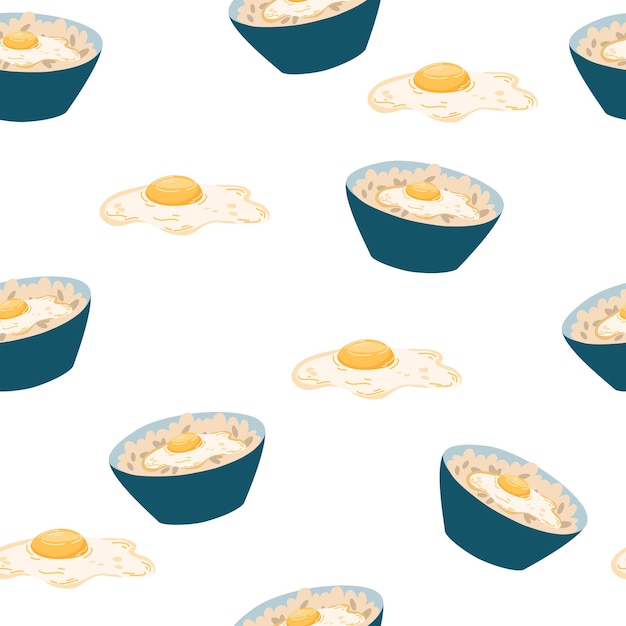 Poke bowl de patrones sin fisuras Fondo de comida asiática Poke bowl con arroz huevo carne pescado camarones y algas Perfecta para restaurante café e imprimir menús Ilustración de dibujos animados de dibujo a mano vectorial