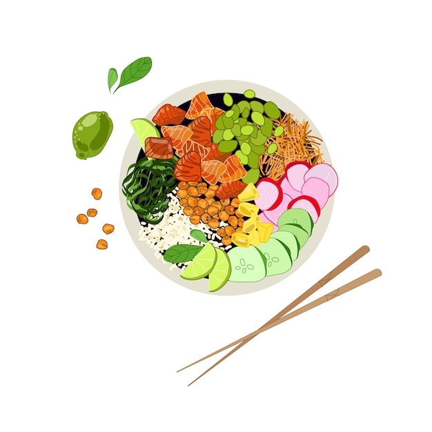 Vector poke bowl de salmón con arrozwakame y pepinoplatoszanahoriasgarbanzos y verduras vector