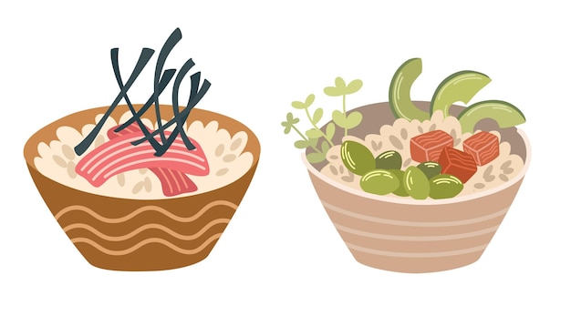 Poke bowl set comida asiática poke bowl con arroz verduras huevo carne pescado camarones y algas perfecto para restaurante café y menús impresos ilustración de dibujos animados de dibujo a mano vectorial