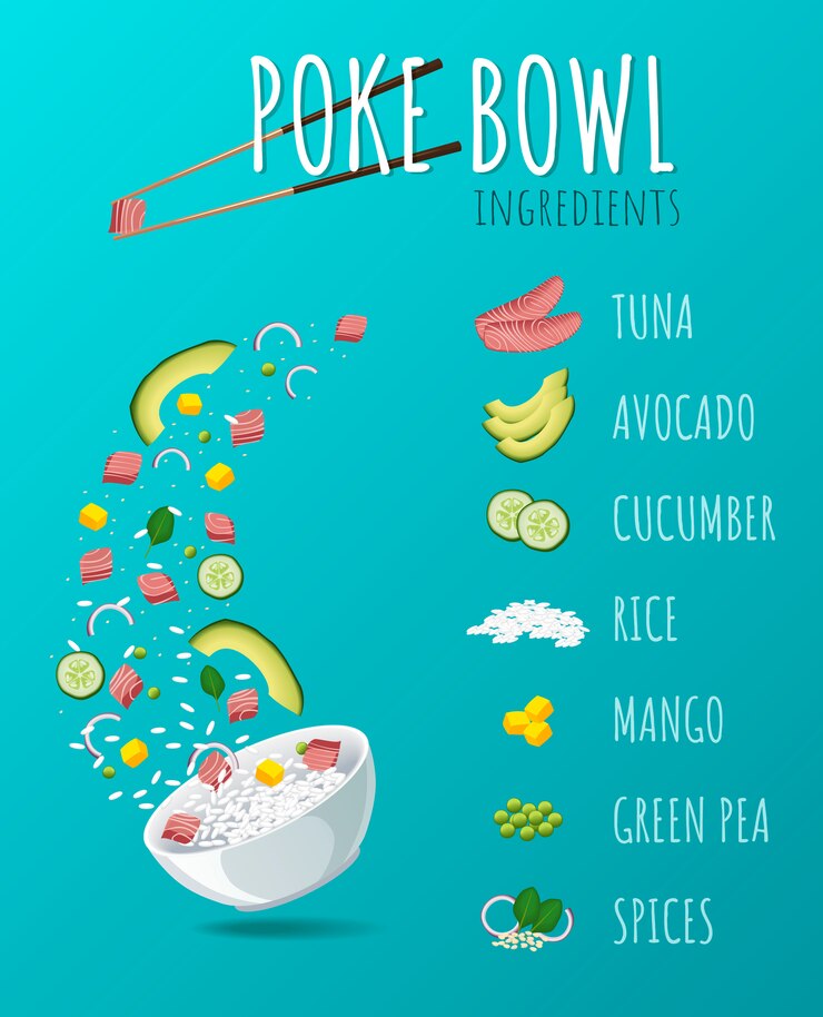 Vector poke tuna bowl hawaiano con verduras y verduras.