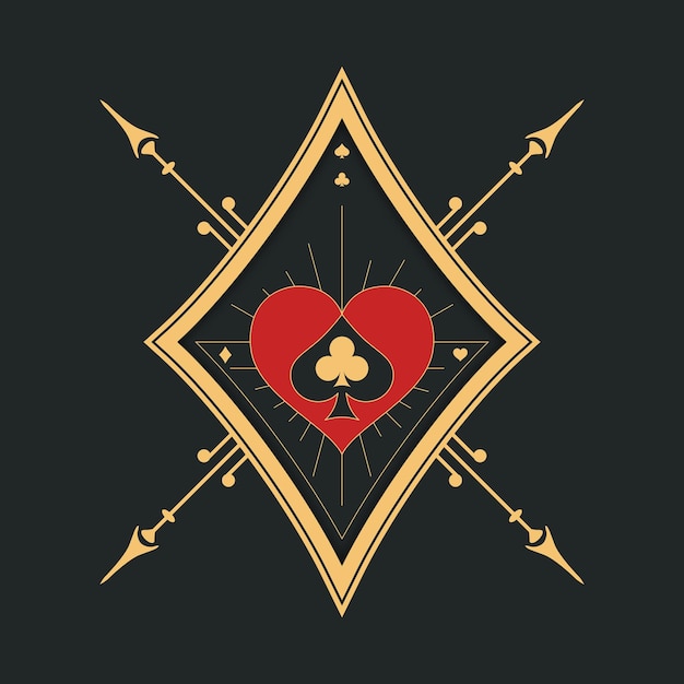 Poker y casino elegante logotipo de poker corazón y símbolos del club con acentos de oro en un fondo oscuro