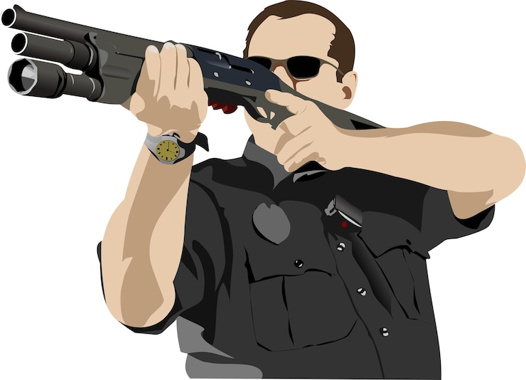 Vector policía armado preparándose para disparar con rifle automático ilustración vectorial
