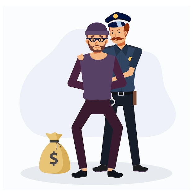 El policía atrapó al ladrón. Ilustración de personaje de dibujos animados de vector plano criminal.