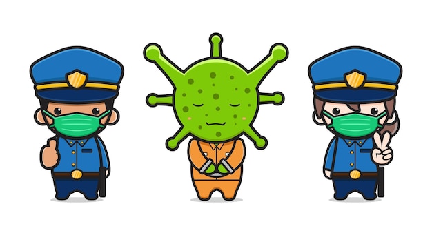 La policía cogió la ilustración de vector de icono de dibujos animados de virus. diseño de estilo de dibujos animados plano aislado