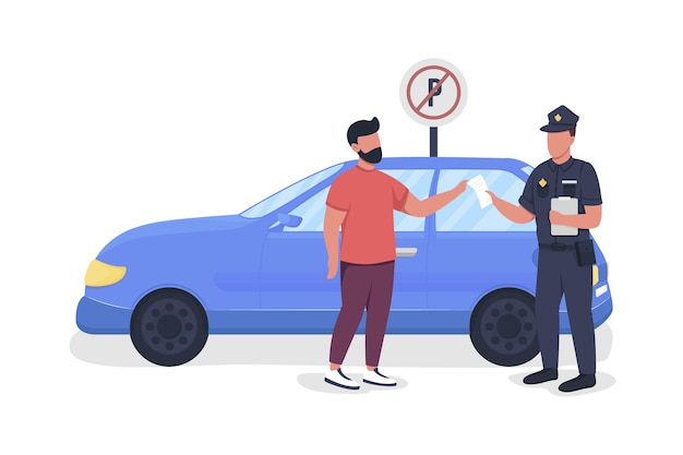 Policía dando estacionamiento fino personajes vectoriales de color semi plano Personas de cuerpo completo en blanco
