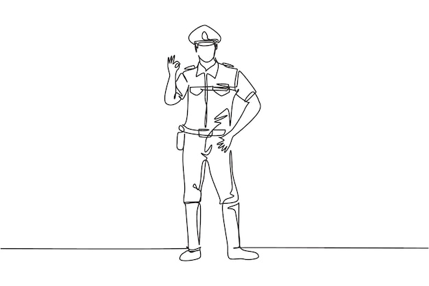 Policía de dibujo continuo de una línea de pie con gesto bien y vector de trabajos uniformes completos