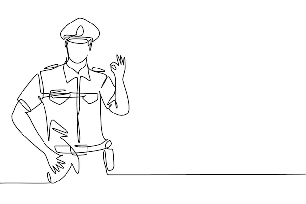 Policía de dibujo de una sola línea continua con gesto correcto y uniforme completo listo para hacer cumplir el tráfico
