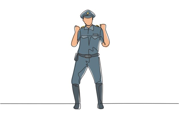 Policía de dibujo de una sola línea de pie con gesto de celebración y vector de diseño uniforme completo