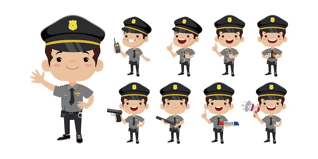 Policía, con, diferente, posturas, vector