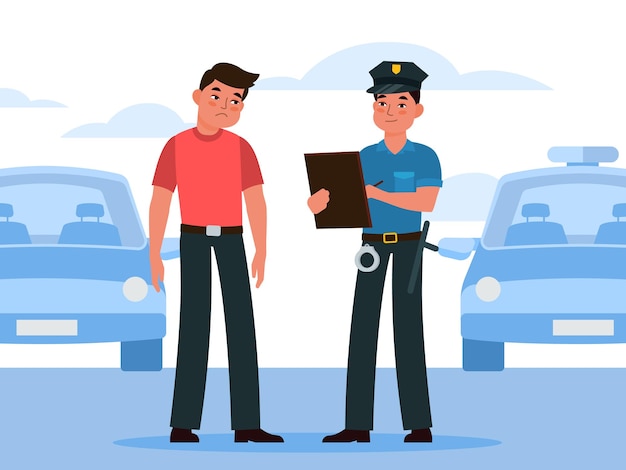 El policía escribe bien. Oficial de policía en uniforme escribiendo penalización al intruso del conductor del automóvil, violación en la carretera de la ciudad o estacionamiento, concepto de dibujos animados plano de vector de tráfico de seguridad de control de inspector de automóviles