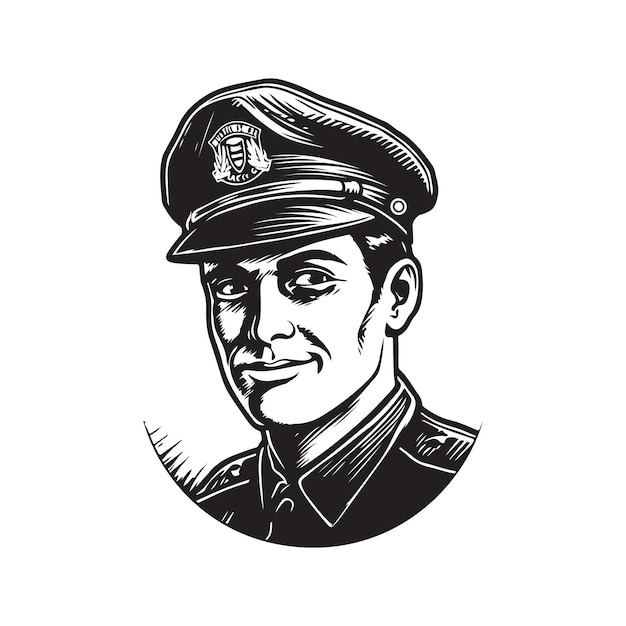 Policía con gorra con bigote y gafas de sol logo vintage concepto de arte de línea color blanco y negro ilustración dibujada a mano