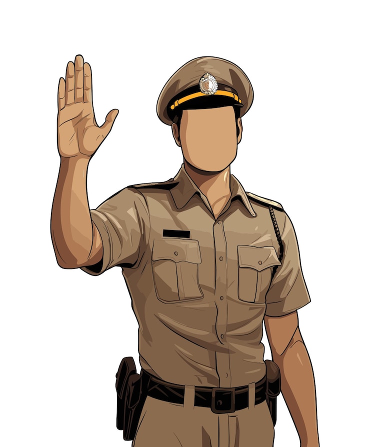 Policía indio oficial de policía en uniforme con pistola