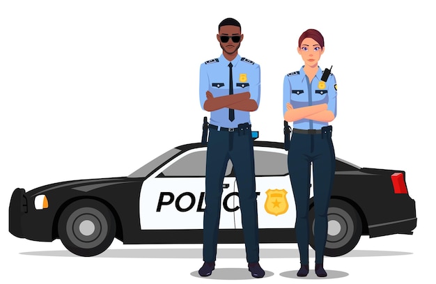 Vector policía masculino y femenino de pie junto al coche de policía, policía y mujer policía en uniforme ilustración