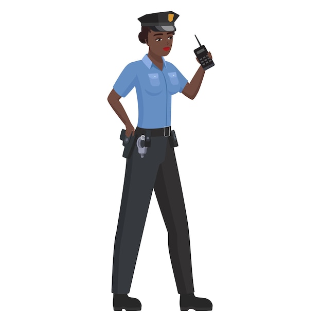 Una policía negra con un walkie-talkie