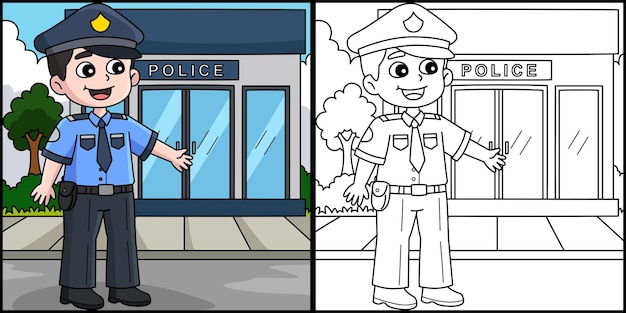 Vector el policía página de colorear ilustración a color