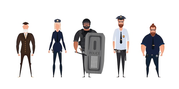 Vector policía, policía, y, oficial, seguridad, en, uniforme, ilustración, grupo, de, policías, mujer y hombre, policías, vector, caracteres