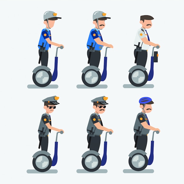 policía en rueda eléctrica, icono de transporte segway escenografía plana