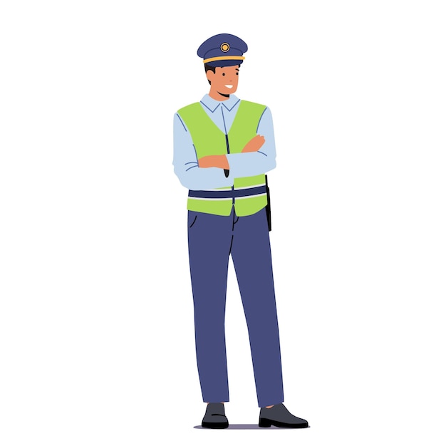 El policía de tráfico usa uniforme y chaleco verde con los brazos cruzados aislado sobre fondo blanco Carácter de oficial de policía