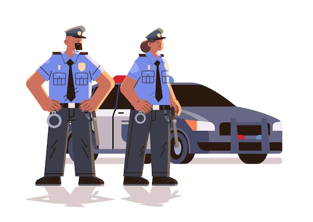 Vector policías uniformados, hombres y mujeres, policías juntos, servicio policial, feliz día del trabajo, concepto de celebración