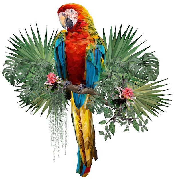 Poligonal ilustra el dibujo del pájaro guacamayo arlequín con plantas de la selva amazónica