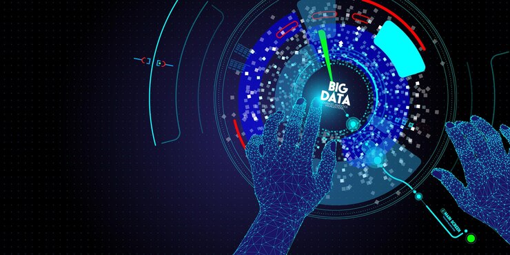 Vector polígono bajo manos tocando big data tecnología avanzada y visualización con elemento fractal