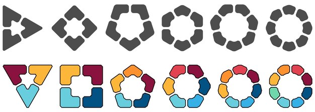 Polígonos divididos en partes iguales, espacio vacío en medio esquinas ligeramente redondeadas. Versión con tres a ocho segmentos, blanco y negro y color, elemento de infografía simple