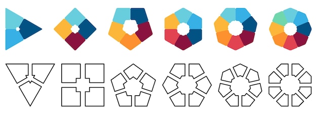 Polígonos divididos en partes iguales, espacio vacío en el medio. Versión con tres a ocho segmentos, blanco y negro y color, elemento de infografía simple