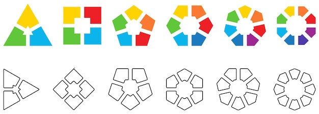 Polígonos divididos en partes iguales, espacio vacío en el medio. Versión con tres a ocho segmentos, blanco y negro y color también con esquinas redondeadas, elemento infográfico simple