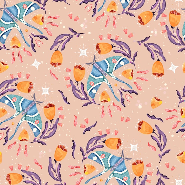 Vector polilla y motivos florales diseño de patrones sin fisuras ilustración de vector plano colorido con flores de polilla elementos florales y estrellas