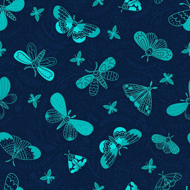 Polillas nocturnas. Patrón sin fisuras en estilo doodle. Mariposas nocturnas, hojas y flores sobre un fondo azul oscuro. ilustración.